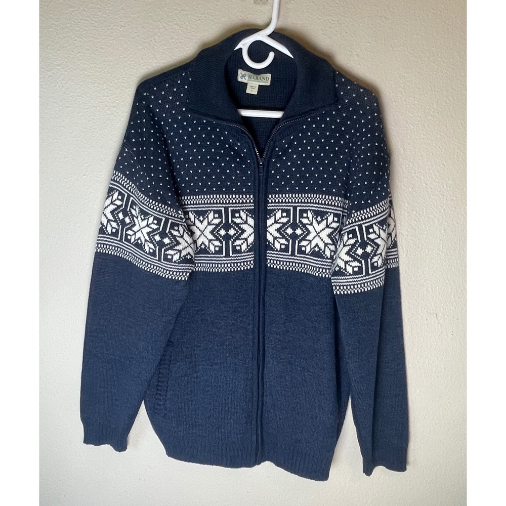 Haband Womens Blue Snowflake Zip Up Cardigan Sweater Large Winter